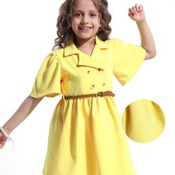 Hola Bonita Knit Half Sleeves Collared Solid Color Dress - Yellow-image-64