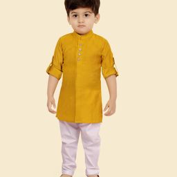 little desi Cotton Silk Full Sleeves Solid Kurta Pyjama Set - Gold-image-99