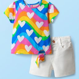 Babyhug Single Jersey Knit Half Sleeves Top & Shorts Set with Heart & Rainbow Print - White & Blue-image-59
