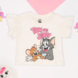 Pantaloons Junior Cotton Knit Tom & Jerry Featurng Flutter Sleeves Characters Printed Top - Off White-picture-16