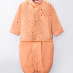 Ridokidz Full Sleeves Mirror Work Embellished & Embroidered Coordinating Dhoti Kurta - Light Peach-image-13