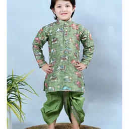 BT DEZINES Cotton Silk Woven Full Sleeves Elephant Printed Dhoti Kurta Set - Green-picture-34