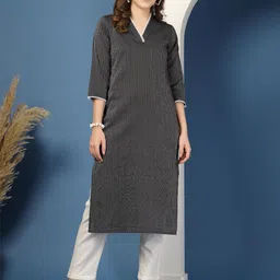 DAEVISH Women Striped Thread Work V-Neck Cotton Kurta-image-24