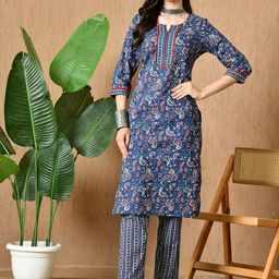 HERE&NOW Women Floral Printed Cotton Kurta with Trousers-38