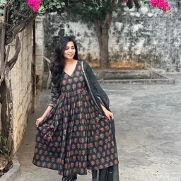 GoSriKi Ethnic Motifs Printed Anarkali Kurta With Trousers & Dupatta-image-104