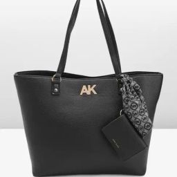 Anne Klein Black Solid Tote Handbag with Card Case & Scarf-image-91