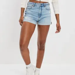 American Eagle Outfitters Ice Blue Cotton Distressed Shorts-image-98