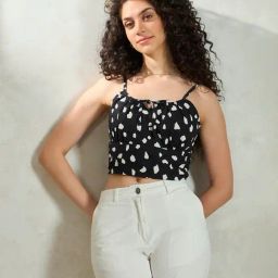 VIRGIO Black Viscose Linen Print Sleeveless Crop Top-image-25