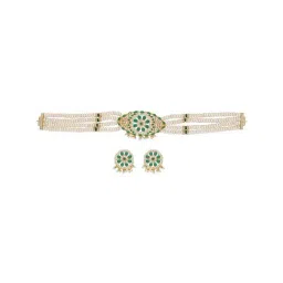 Sri Jagdamba Pearls Green & White Pearl Choker Necklace Set-15