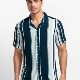 Globus Teal Regular Fit Striped Shirt-image-95