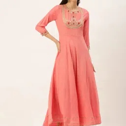 SHOWOFF Peach Cotton Embellished Ankle Length A Line Kurta-image-56