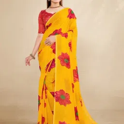 Satrani Yellow Floral Print Saree With Unstitched Blouse-image-79