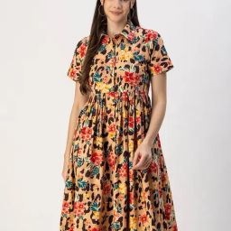 Moomaya Multicolor Cotton Floral Print Shirt Dress-image-80