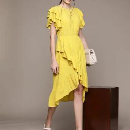 Label Ritu Kumar Lime Green Solid Fit & Flare Short Dress-image-39