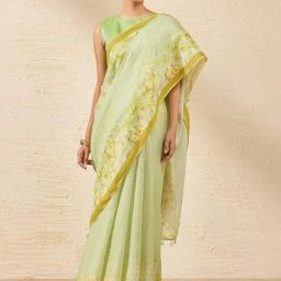 Taneira Green Linen Printed Saree With Unstitched Blouse-picture-10