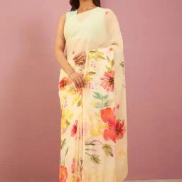 Taneira Beige Printed Saree With Unstitched Blouse-picture-2