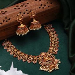 Aatmana Gold-Plated Red & Green Stone-Studded & Pearl Beaded Lakshmi Temple Necklace Set-11