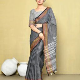 Elora Dark Grey Linen Striped Saree With Blouse-image-84