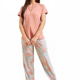 Sweet Dreams Peach & Grey Floral Print T-Shirt Pyjama Set-image-39