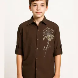 Charchit Boys Olive Green Cotton Embroidered Comfort Fit Shirt-image-34