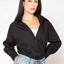 Lounge Dreams Black Cotton Solid Casual Shirt-image-3