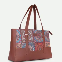 ZOUK Brown & Blue Printed Tote Handbag With Pouch image 4