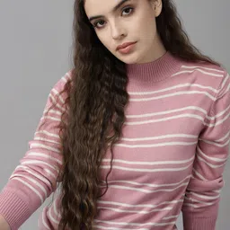 Roadster Women Pink & Off White Striped Pullover-image-48