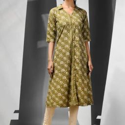 CHARUKRITI Green Cotton Printed A Line Kurta-picture-41