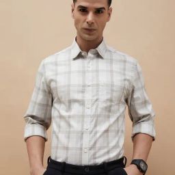 Code By Lifestyle Beige Cotton Regular Fit Checks Shirt-image-91