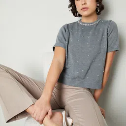 max Women Cable Knit Pullover with Embellished Detail-image-80