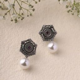 Priyaasi Oxidized Pearl Floral Drop Earrings-image-24