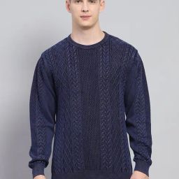 Monte Carlo Blue Regular Fit Self Pattern Pullover-image-57