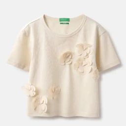 United Colors of Benetton Girls Beige Cotton Applique T-Shirt-image-100