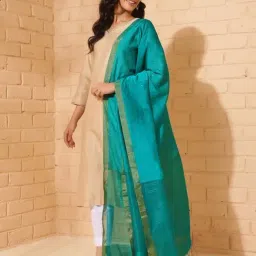 Fabindia Turquoise Viscose Blend Woven Dupatta-image-100