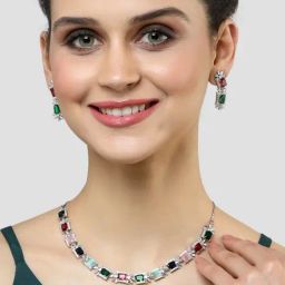 Karatcart Silver Tone Multicolor Cubic Zirconia Studded Necklace Set-image-58