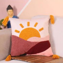 STITCHNEST Orange Polycotton Hand Crafted Embroidered Bohemian Mountain Sun Cushion Cover-image-88