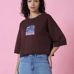 SHOWOFF Brown Printed Crop T-Shirt-picture-20