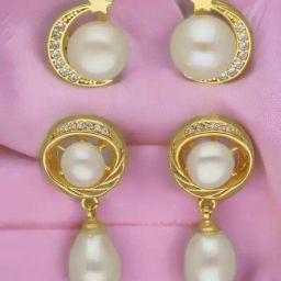 Sri Jagdamba Pearls Charm Round Pearl Stud & Drop Earrings - Set of 2-image-50