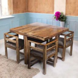 Ikiriya Kingston Beige & Brown Sheesham Wood Accent 4 Seater Dining Table Set in Teak Finish-2