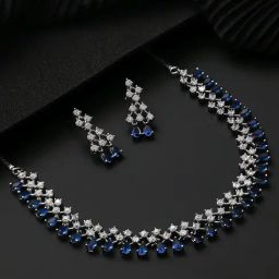 Aatmana Silver-Plated Blue American Diamond Studded Necklace Set-49