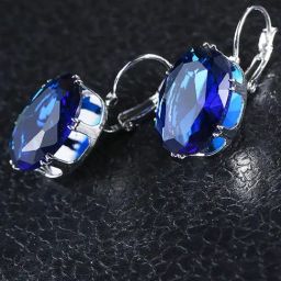 OOMPH Silver Tone Oversized Oval Deep Blue Cubic Zirconia Office-Wear Drop Earrings for Women-11
