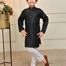 Ahhaaaa Kids Black & White Embellished Full Sleeves Kurta With Pyjamas-1