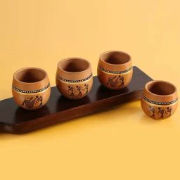 ExclusiveLane 'New-Old World Charms' Mud Brown Terracotta Warli Hand-Painted Kulhad - Set of 4-1
