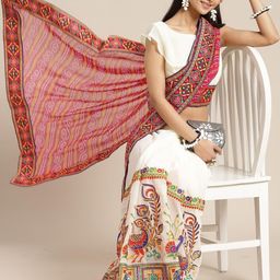 KAVINDI Ethnic Motifs Kutchi Embroidery Pure Georgette Half and Half Bandhani Saree-image-99