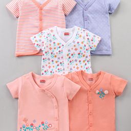 Babyhug Half Sleeves 100% Cotton Vests Dot Stripe And Floral Print Pack Of 5 - Pink Peach Purple-image-29