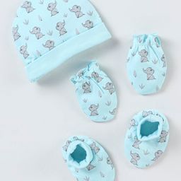 Babyhug 100% Cotton Cap Mittens And Booties Elephant Print - Blue-picture-28