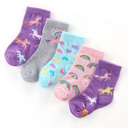 Cutewalk by Babyhug Cotton Anti-Bacterial Ankle Length Unicorn, Design Socks Pack of 5 - Multicolour-image-16
