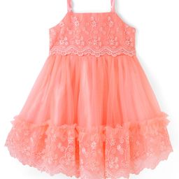 Babyhug Sleeveless Floral Lace & Mesh Party Frock - Peach-image-42