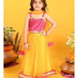Saka Designs By Sapna Singlet Sleeves Blended Silk Sequenced Lehenga with Sequined Choli & Zari Detailed Dupatta - Orange & Pink-image-88
