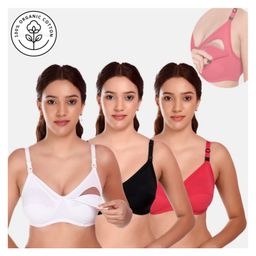 Elite Mom Pack Of 3 Solid Maternity Nursing Bra - White Black & Pink-image-17